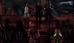 Shephard giving a speech to his crew at the end of Mass Effect 2
