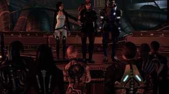 Shephard giving a speech to his crew at the end of Mass Effect 2