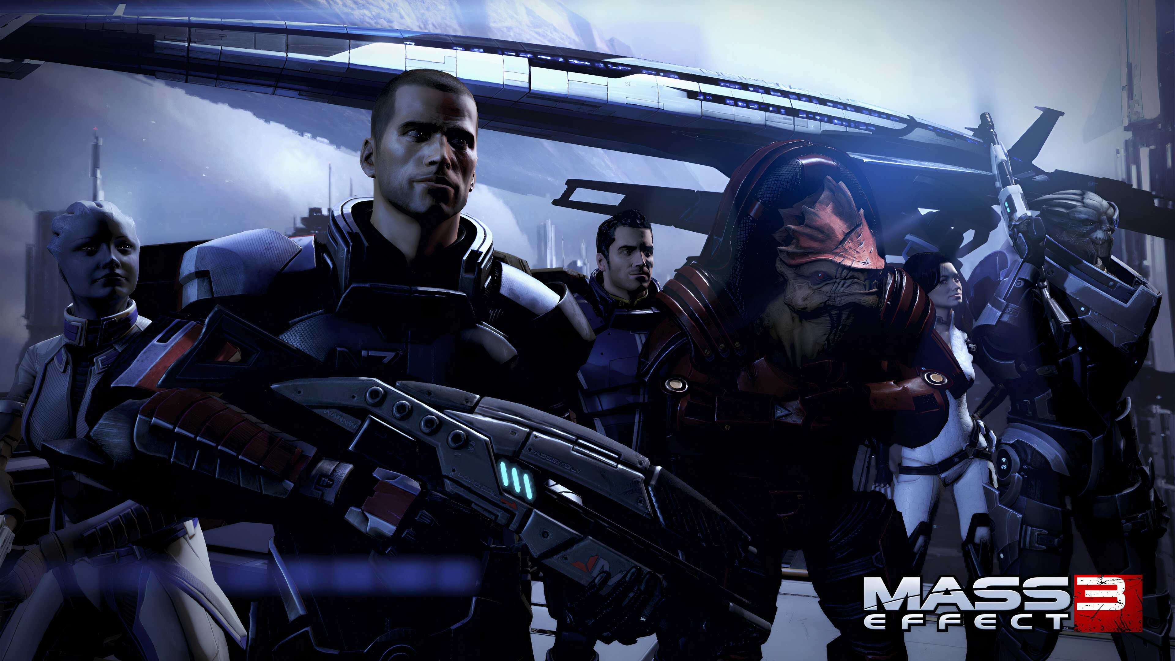 An image from the game Mass Effect 3, showing Commander Shepard leading his friends, wielding a weapon.