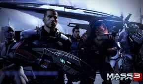 An image from the game Mass Effect 3, showing Commander Shepard leading his friends, wielding a weapon.