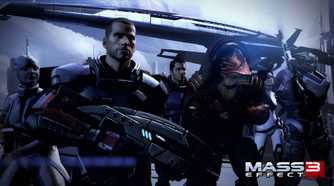An image from the game Mass Effect 3, showing Commander Shepard leading his friends, wielding a weapon.