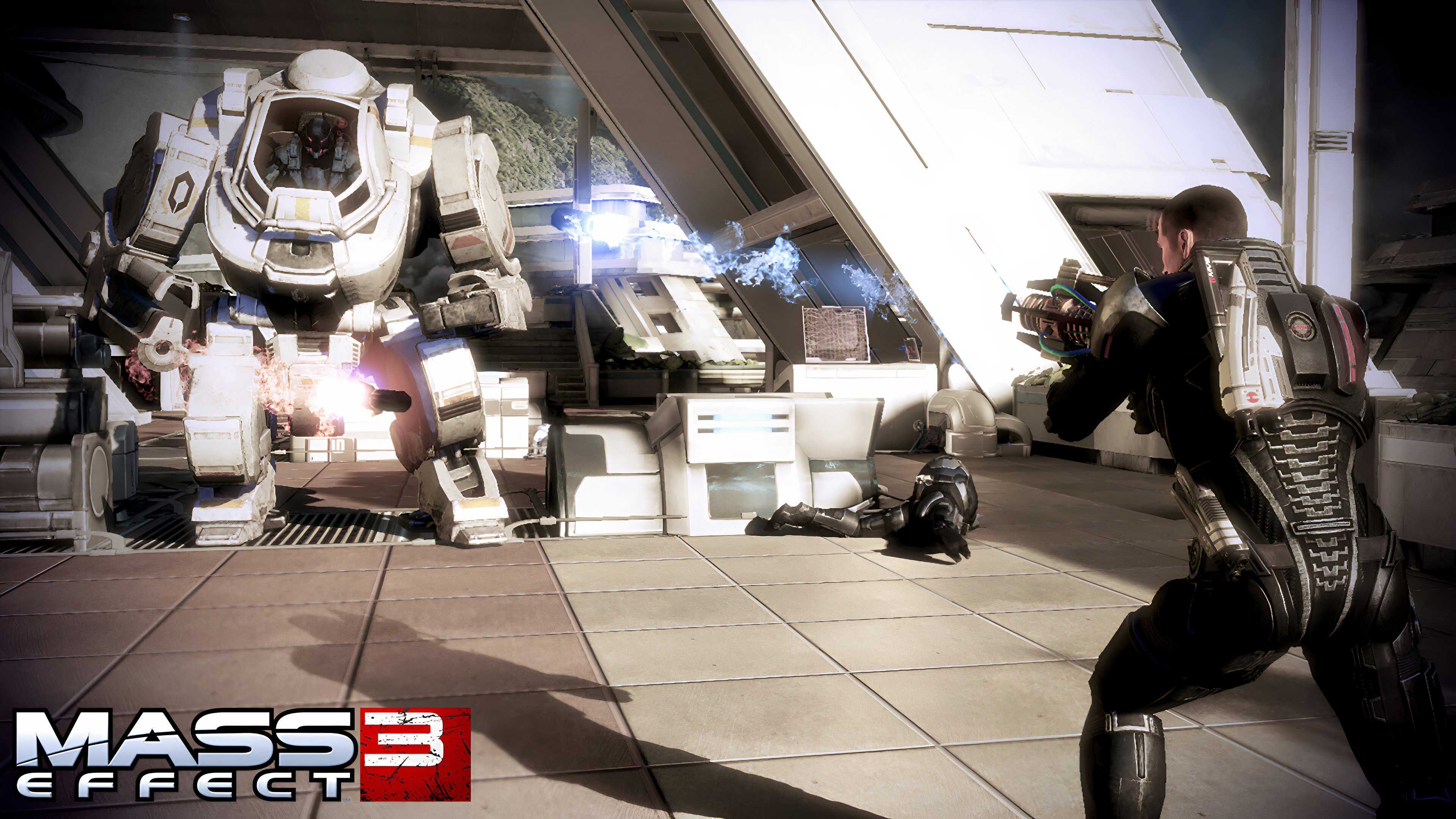 An image from the game Mass Effect 3, showing Commander Shepard in combat against a robotic enemy.