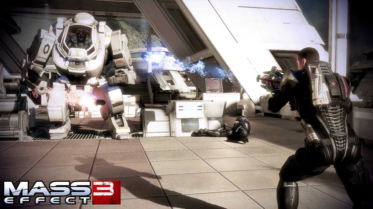 An image from the game Mass Effect 3, showing Commander Shepard in combat against a robotic enemy.