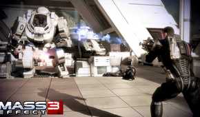 An image from the game Mass Effect 3, showing Commander Shepard in combat against a robotic enemy.
