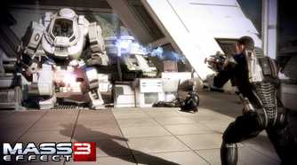 An image from the game Mass Effect 3, showing Commander Shepard in combat against a robotic enemy.