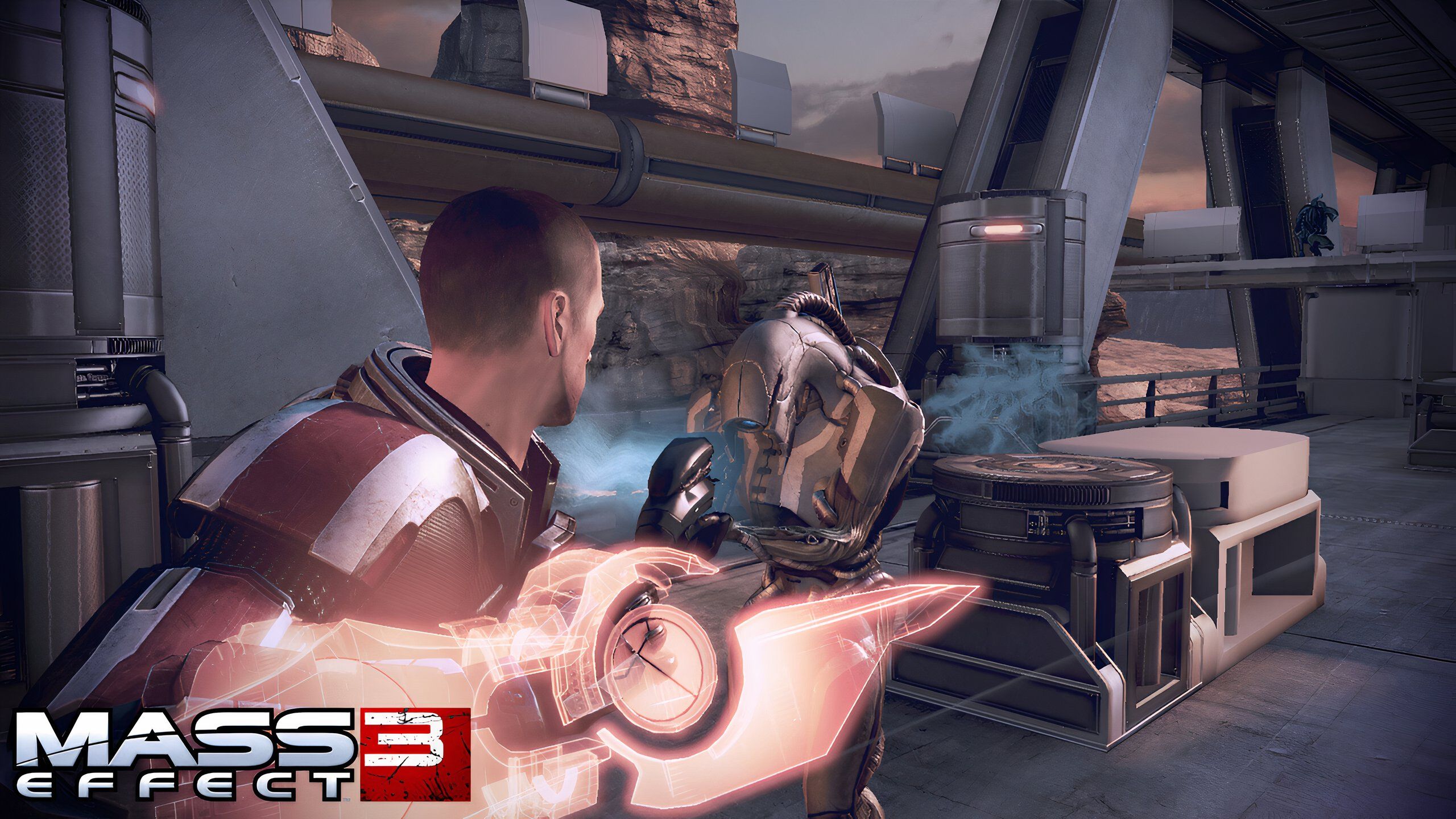 An image from the game Mass Effect 3, showing Commander Shepard in combat, using a holographic weapon.
