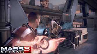 An image from the game Mass Effect 3, showing Commander Shepard in combat, using a holographic weapon.