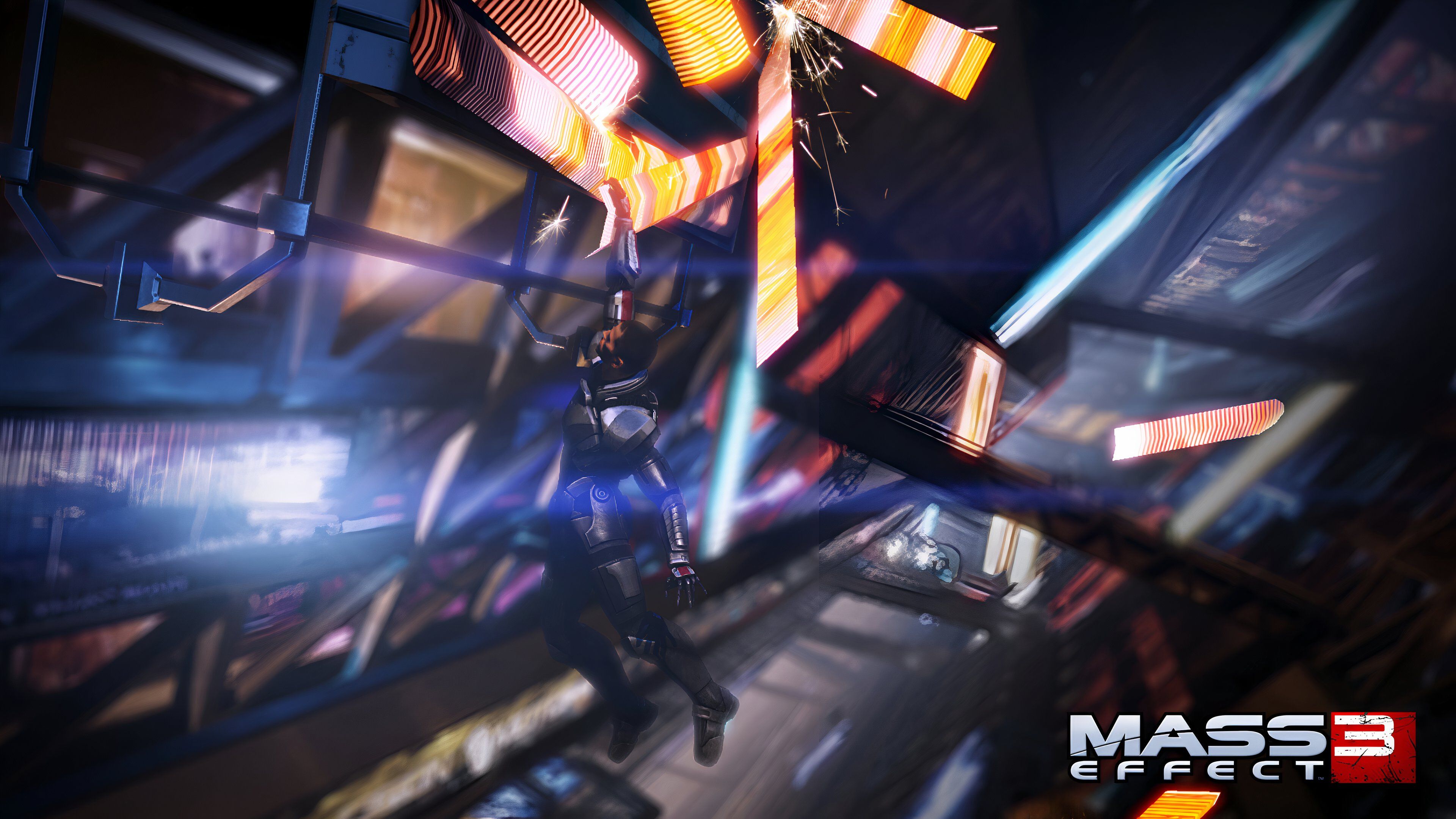 An image from the game Mass Effect 3, showing Commander Shepard dangling.