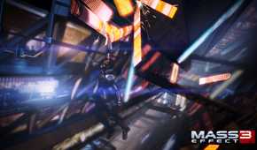 An image from the game Mass Effect 3, showing Commander Shepard dangling.