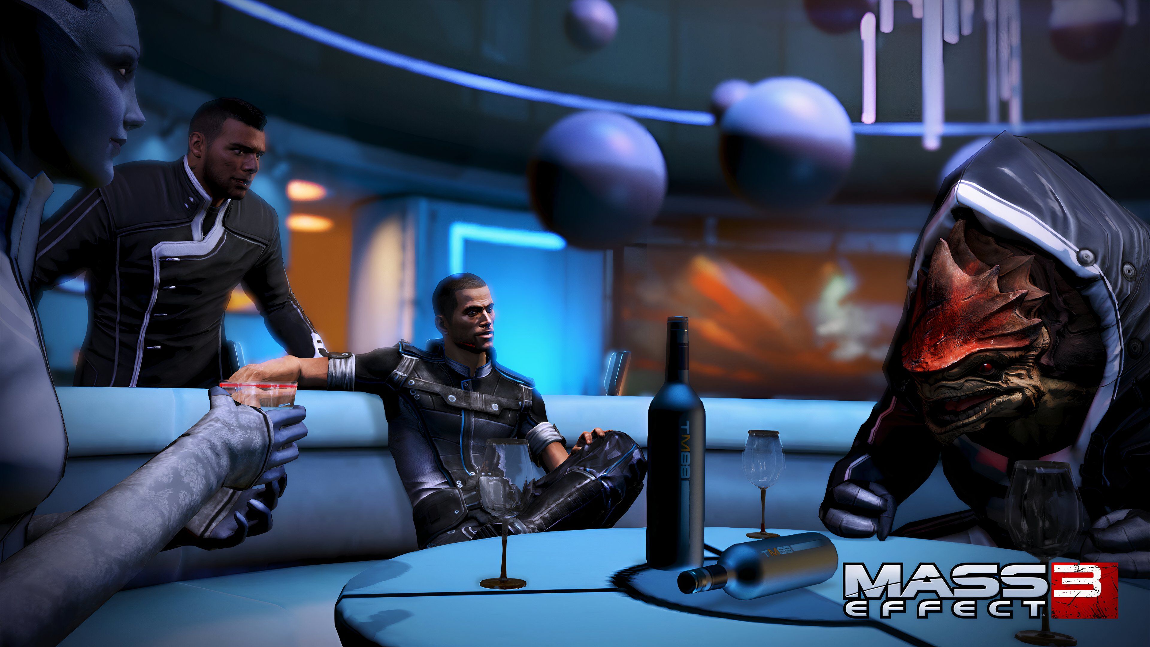 An image from the game Mass Effect 3, showing Commander Shepard and Cortana sitting at a table, drinking.