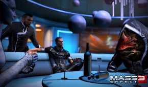 An image from the game Mass Effect 3, showing Commander Shepard and Cortana sitting at a table, drinking.