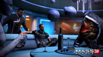 An image from the game Mass Effect 3, showing Commander Shepard and Cortana sitting at a table, drinking.