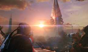 An image from Mass Effect Legendary Edition, showing the player character looking at a huge spire-like building in the horizon.