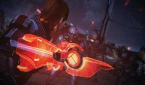 An image from Mass Effect Legendary Edition, showing Commander Shepard using their tech armor in combat.