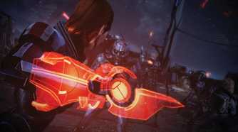 An image from Mass Effect Legendary Edition, showing Commander Shepard using their tech armor in combat.