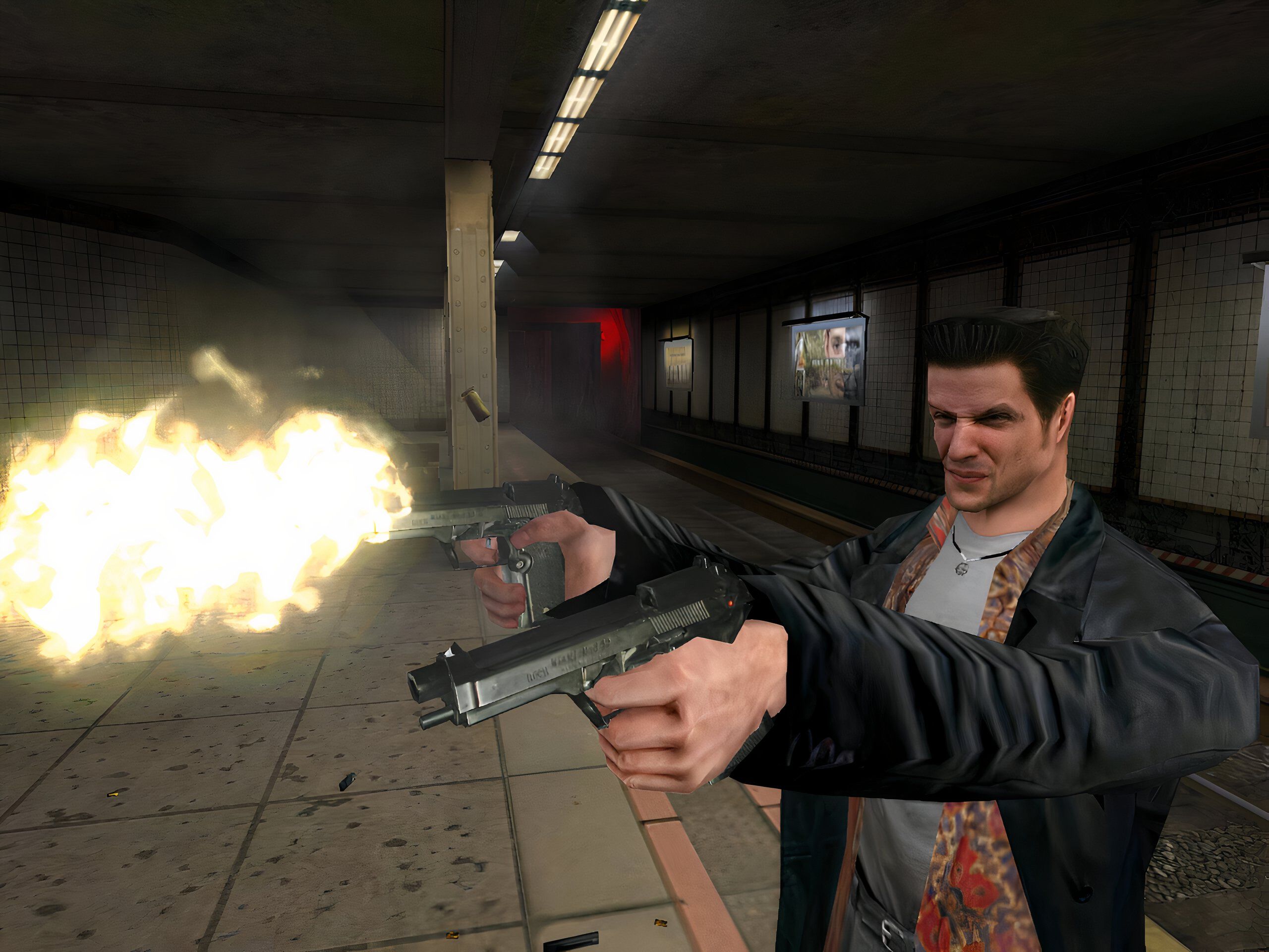 A screenshot from the game "Max Payne", showing Max Payne wielding two pistols.