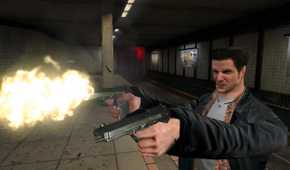 A screenshot from the game "Max Payne", showing Max Payne wielding two pistols.