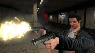 A screenshot from the game "Max Payne", showing Max Payne wielding two pistols.