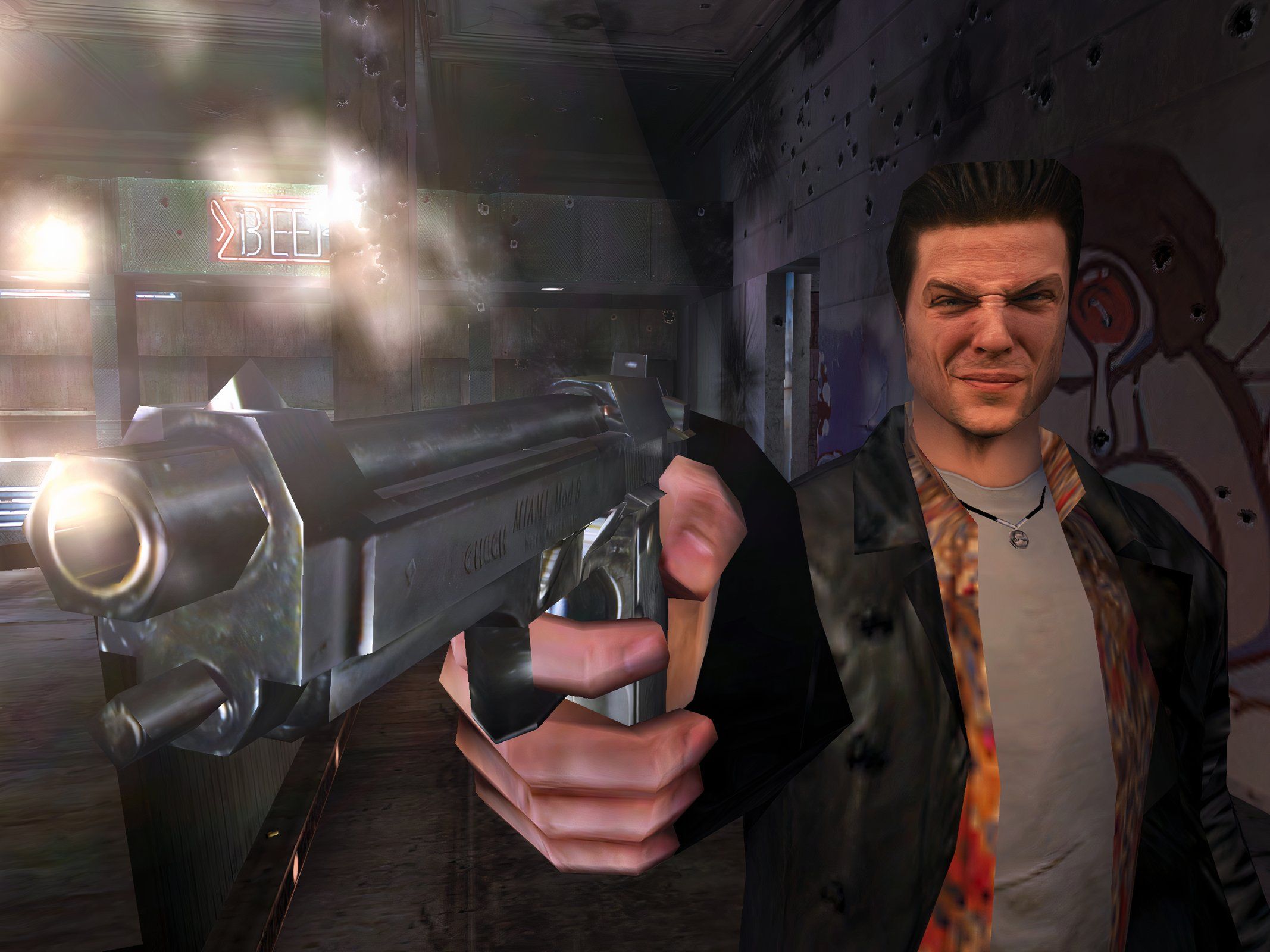 A screenshot from the game "Max Payne", showing Max Payne aiming a gun at the camera.