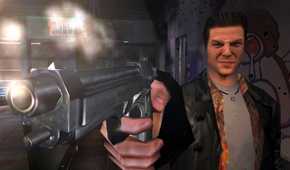 A screenshot from the game "Max Payne", showing Max Payne aiming a gun at the camera.