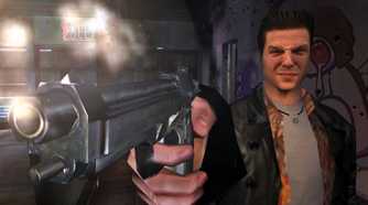 A screenshot from the game "Max Payne", showing Max Payne aiming a gun at the camera.