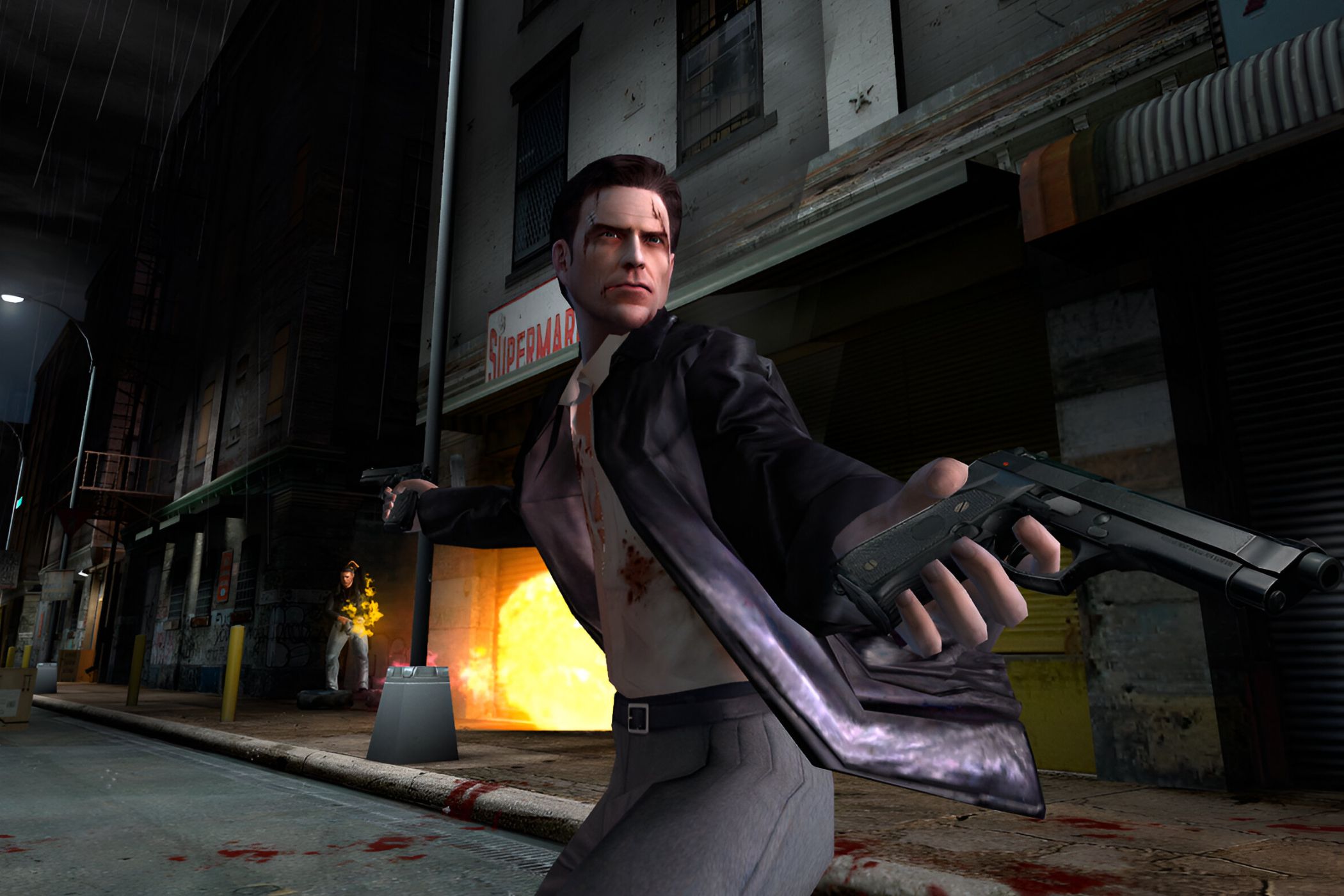 An image from the game Max Payne 2, showing Max Payne wielding dual pistols.