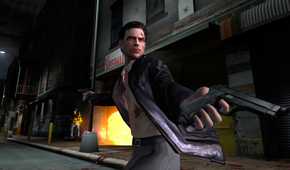 An image from the game Max Payne 2, showing Max Payne wielding dual pistols.