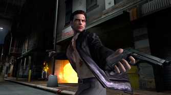 An image from the game Max Payne 2, showing Max Payne wielding dual pistols.
