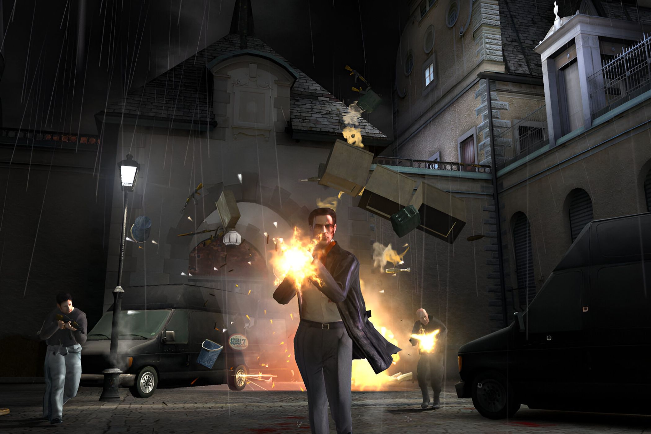An image from the game Max Payne 2, showing Max Payne shooting a rifle in a manor.