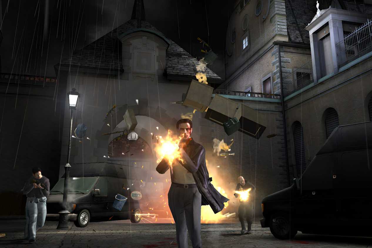 An image from the game Max Payne 2, showing Max Payne shooting a rifle in a manor.