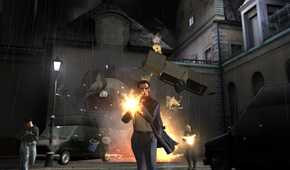 An image from the game Max Payne 2, showing Max Payne shooting a rifle in a manor.
