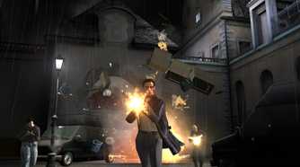 An image from the game Max Payne 2, showing Max Payne shooting a rifle in a manor.