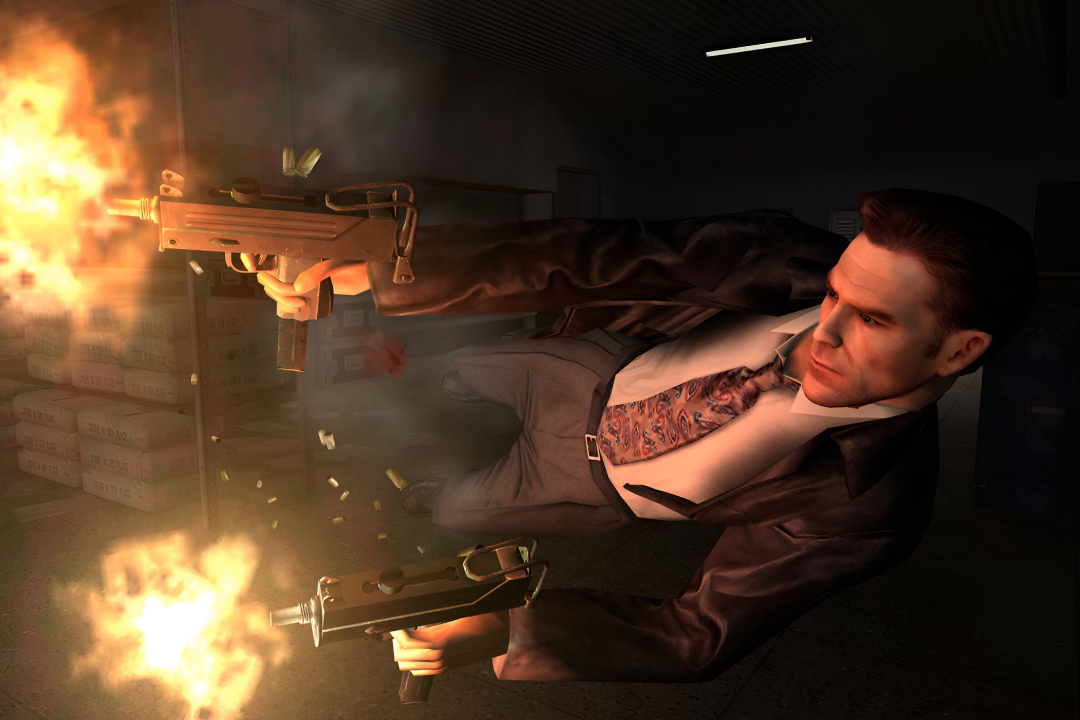 An image from the game Max Payne 2, showing Max Payne diving with double Uzis.