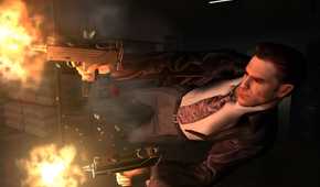 An image from the game Max Payne 2, showing Max Payne diving with double Uzis.