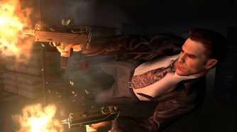 An image from the game Max Payne 2, showing Max Payne diving with double Uzis.