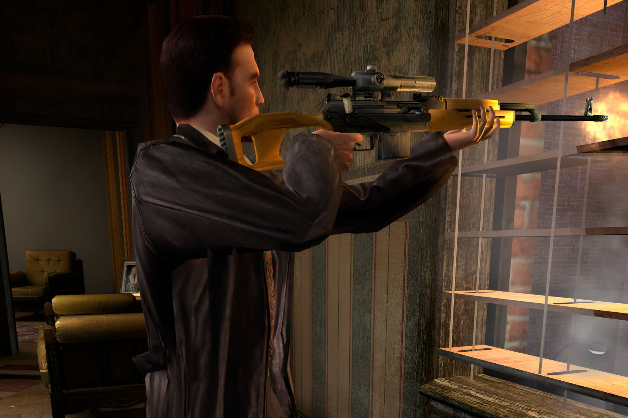 An image from the game Max Payne 2, showing Max Payne aiming a Dragunov sniper.