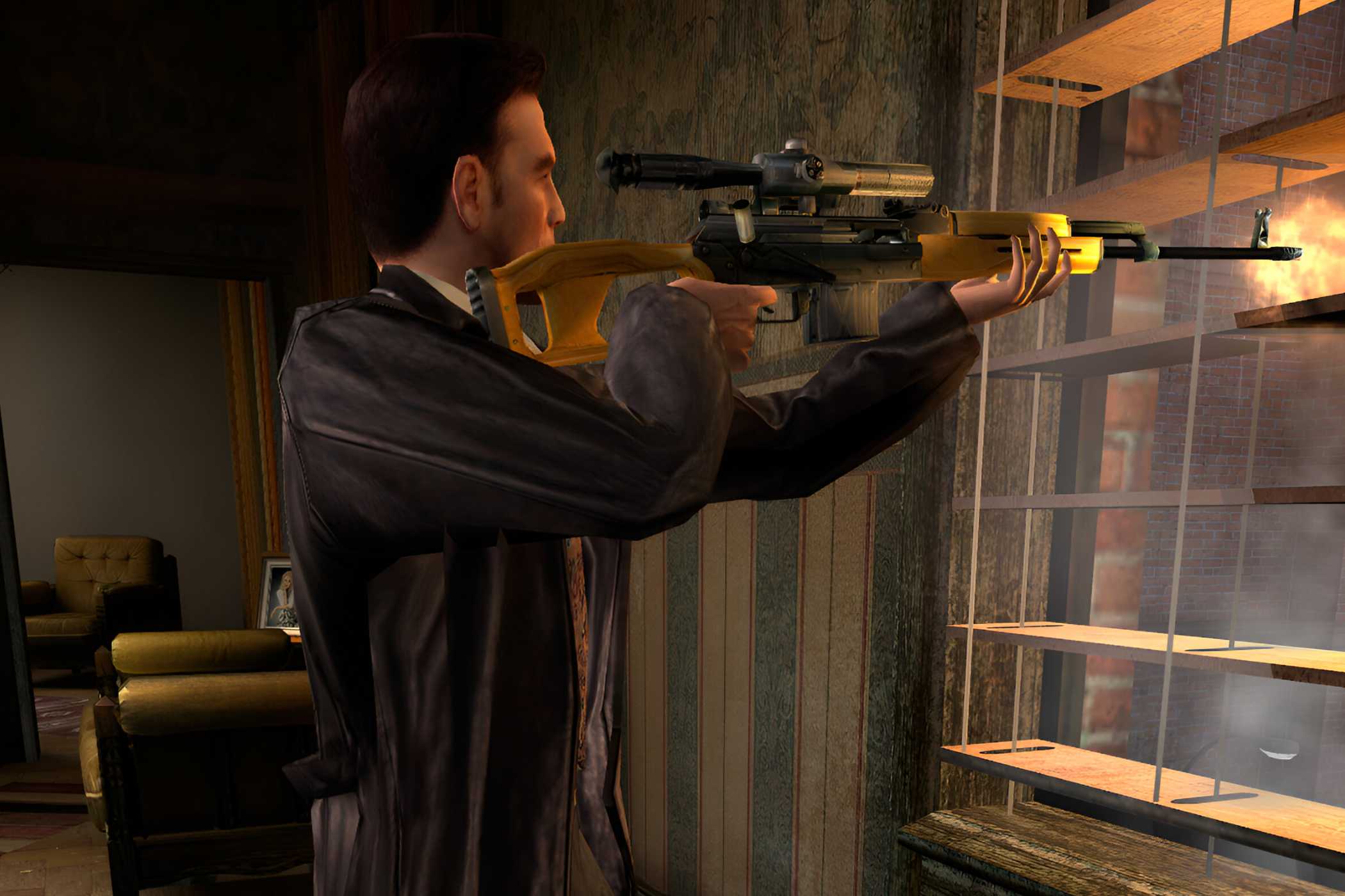 An image from the game Max Payne 2, showing Max Payne aiming a Dragunov sniper.