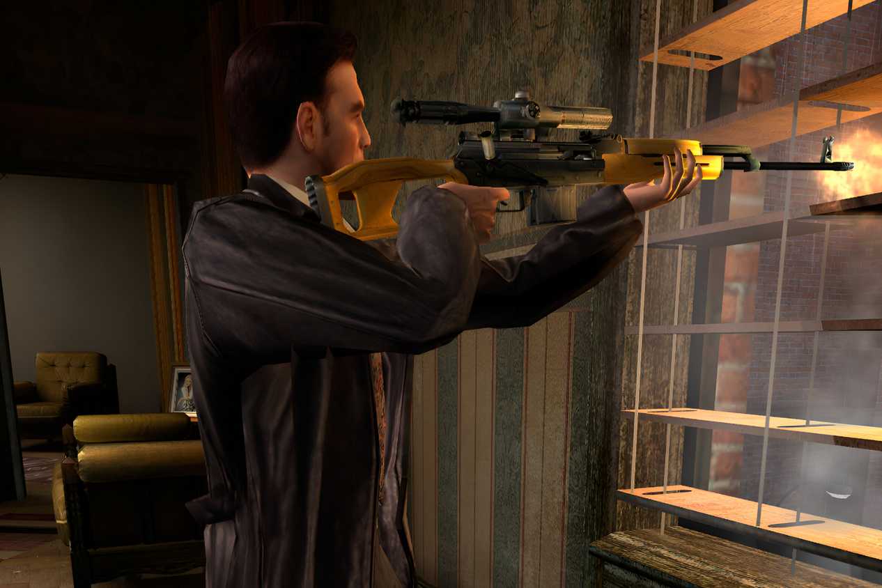 An image from the game Max Payne 2, showing Max Payne aiming a Dragunov sniper.