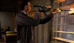 An image from the game Max Payne 2, showing Max Payne aiming a Dragunov sniper.