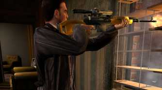 An image from the game Max Payne 2, showing Max Payne aiming a Dragunov sniper.