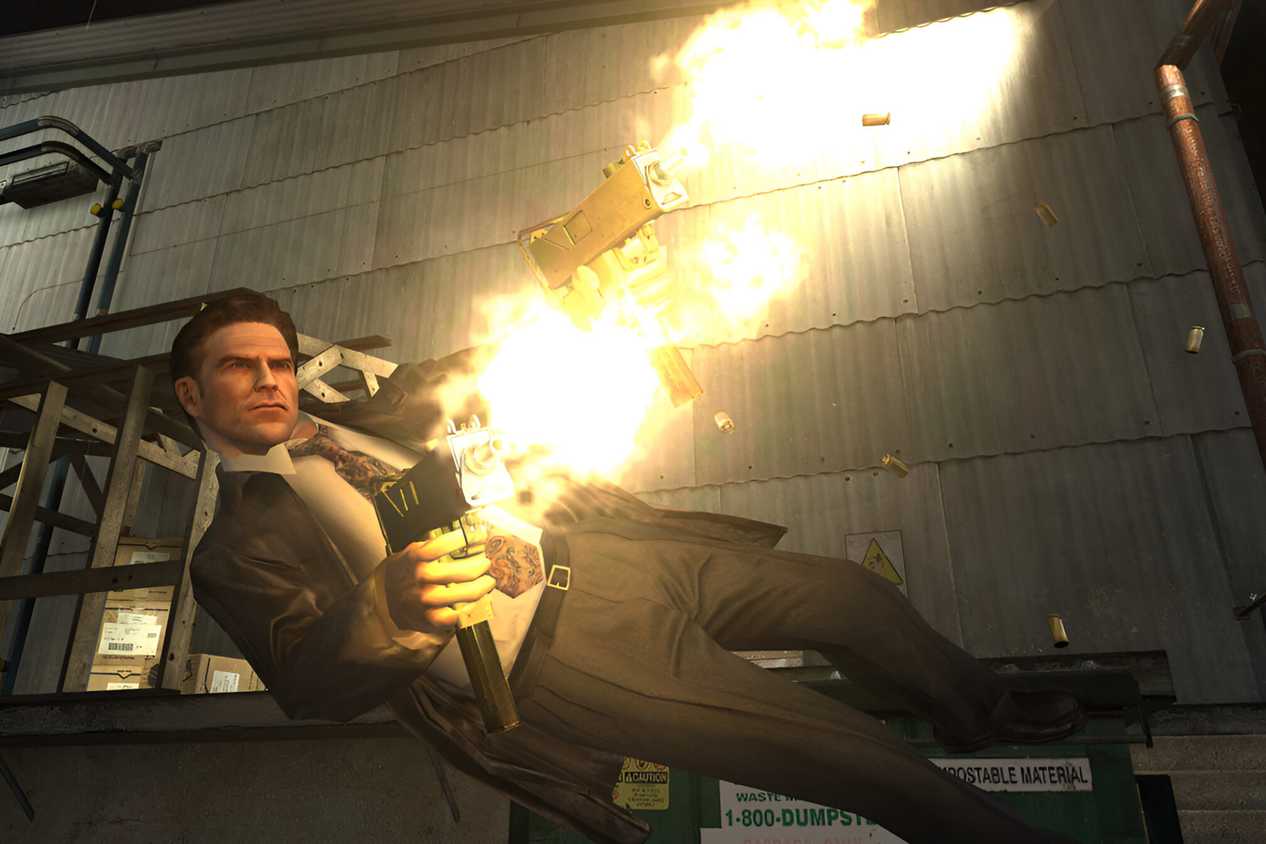 An image from the game Max Payne 2, showing Max Payne using bullet-time.