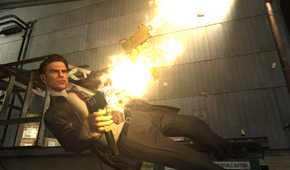An image from the game Max Payne 2, showing Max Payne using bullet-time.