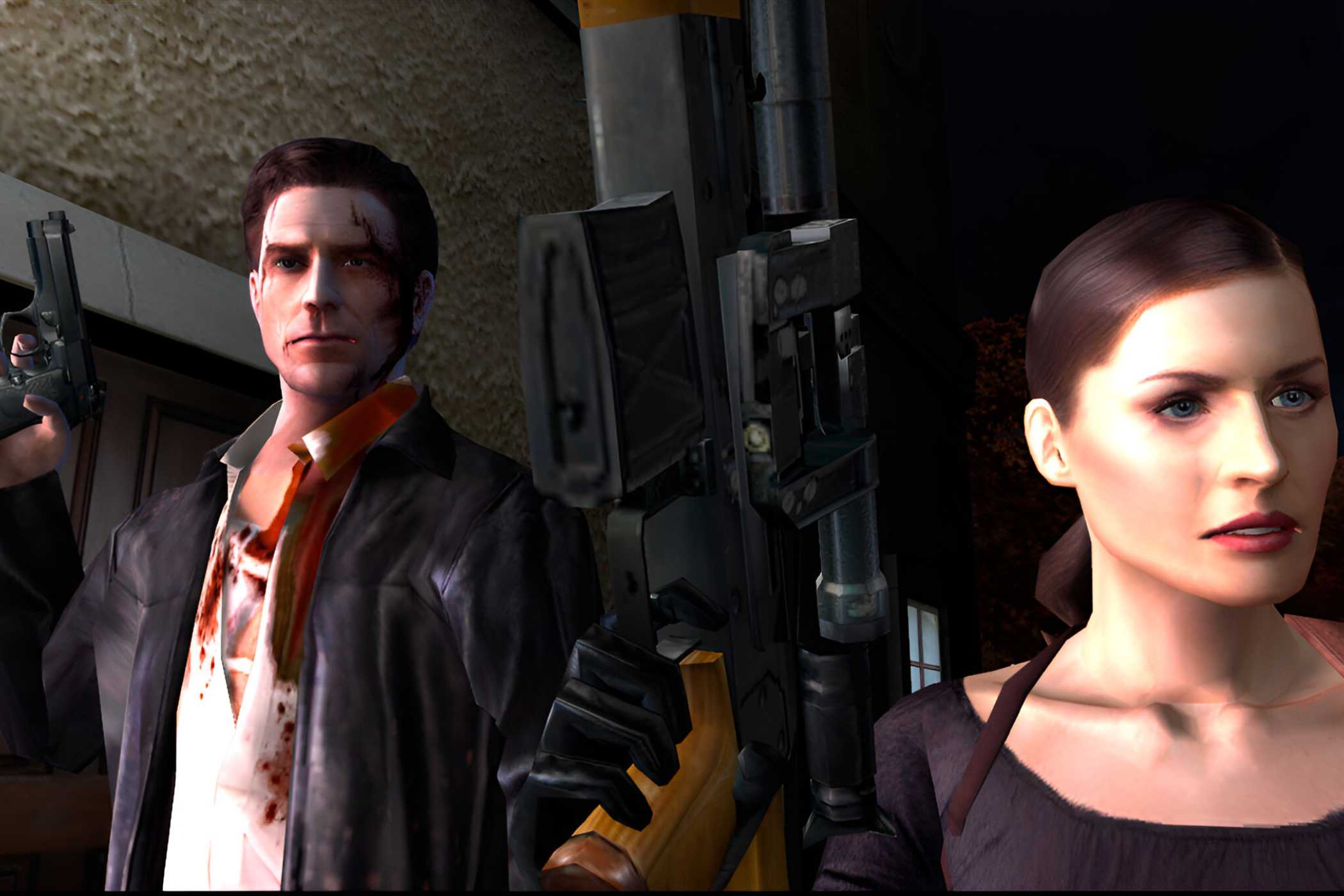 An image from the game Max Payne 2, showing Max Payne and Mona Sax.