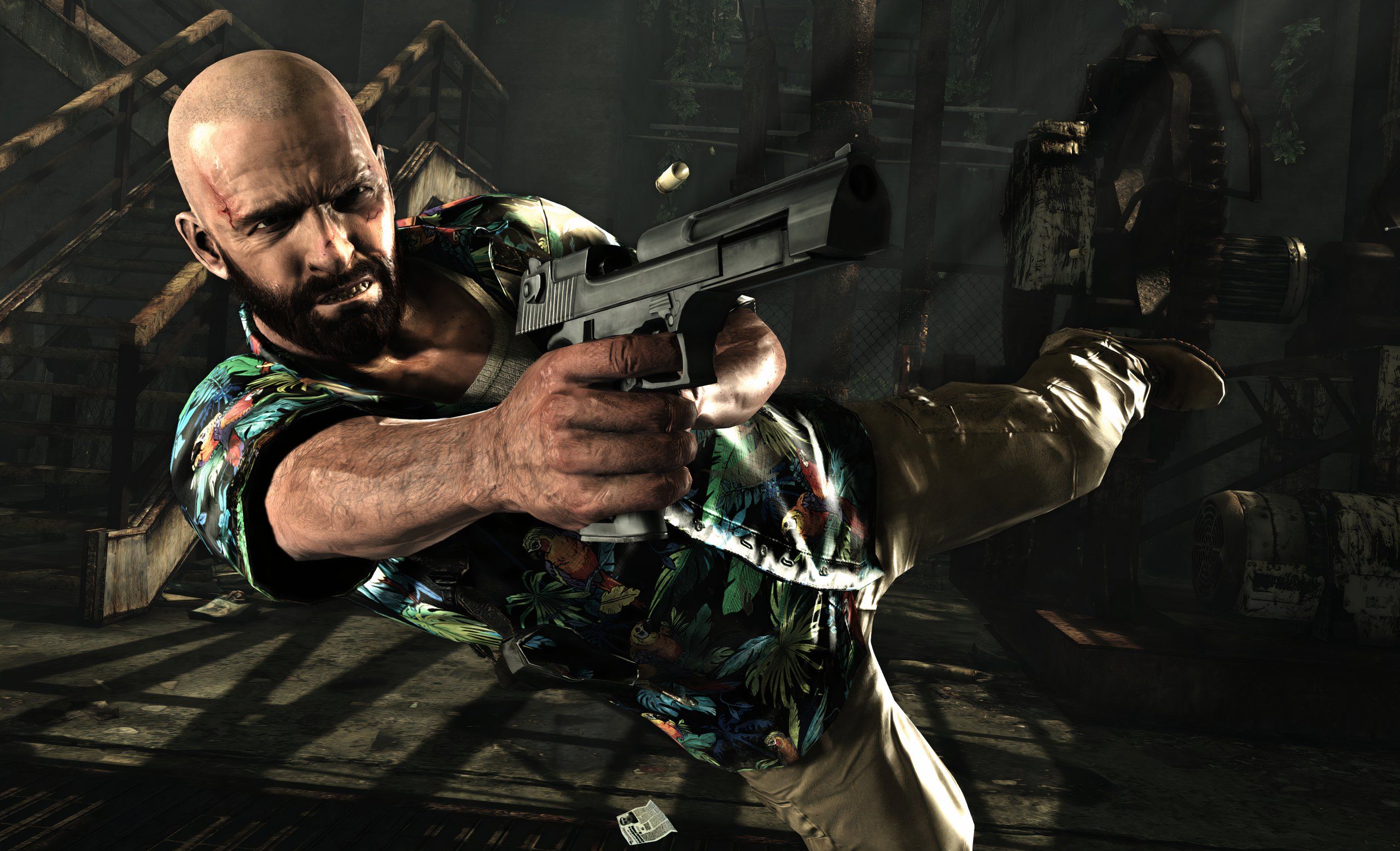 A screenshot from the game "Max Payne 3", showing a bald Max Payne leaping into the air while aiming a pistol.