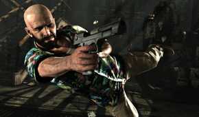 A screenshot from the game "Max Payne 3", showing a bald Max Payne leaping into the air while aiming a pistol.