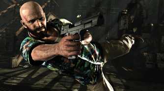 A screenshot from the game "Max Payne 3", showing a bald Max Payne leaping into the air while aiming a pistol.