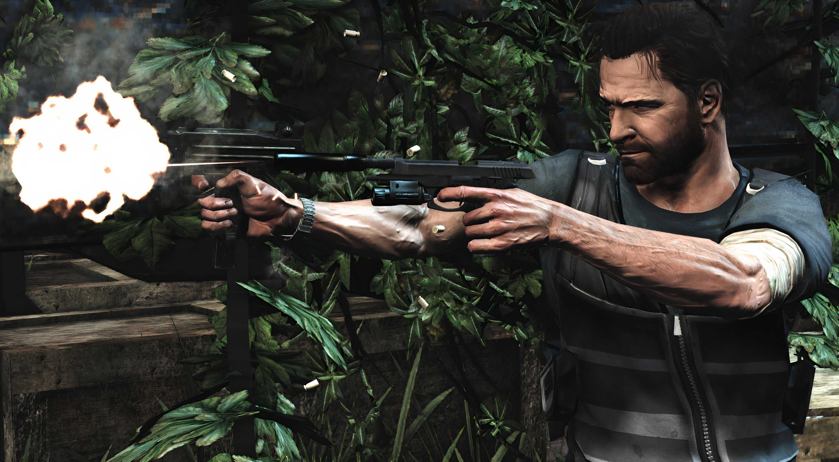 A screenshot from the game "Max Payne 3", showing a bearded Max Payne aiming two pistols and firing with them.