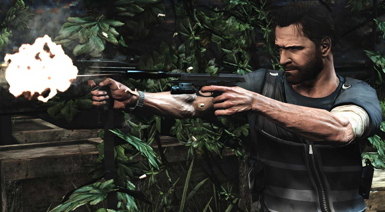 A screenshot from the game "Max Payne 3", showing a bearded Max Payne aiming two pistols and firing with them.