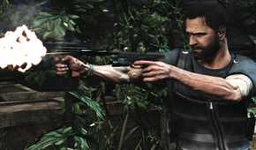 A screenshot from the game "Max Payne 3", showing a bearded Max Payne aiming two pistols and firing with them.