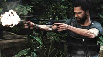 A screenshot from the game "Max Payne 3", showing a bearded Max Payne aiming two pistols and firing with them.